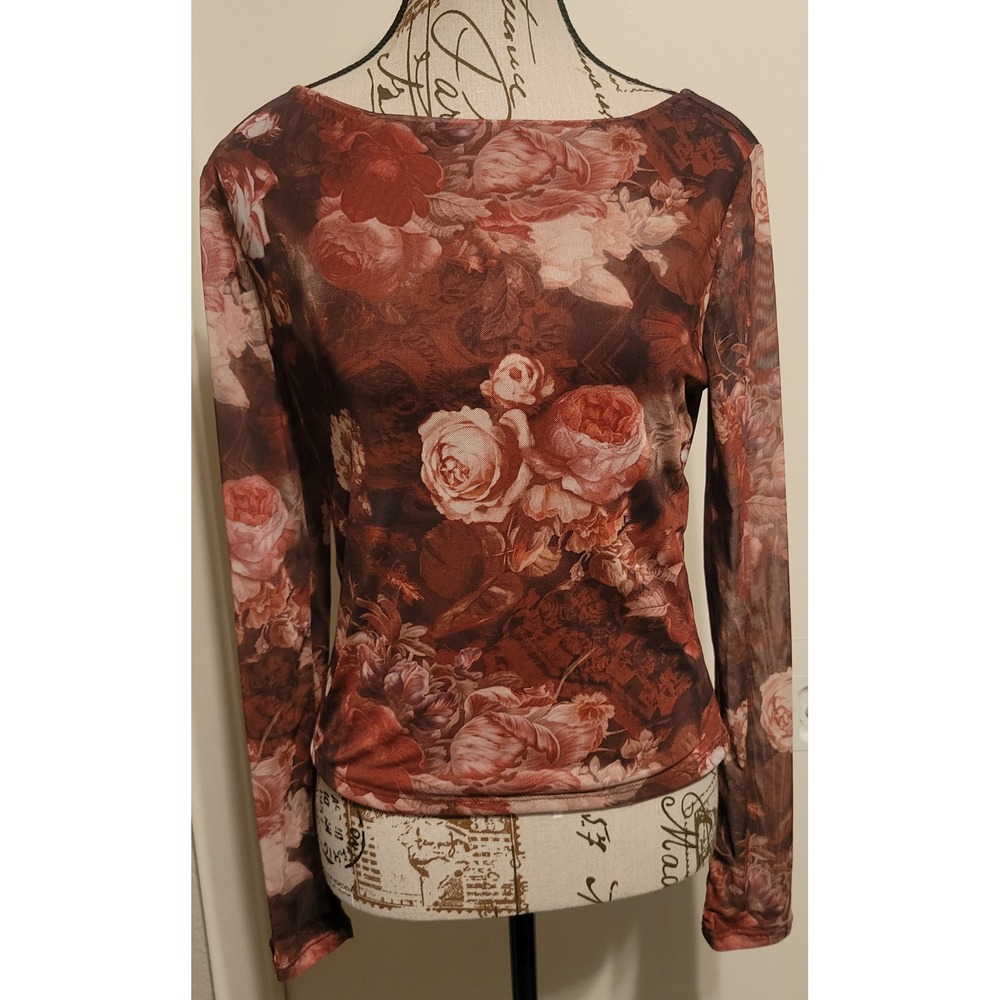 Dylan Ryan NYC Floral Mesh Long Sheer Sleeve Burgundy Brown‎ Whimsigoth Sz L